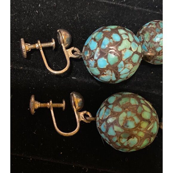 2" x 5/8" Vintage Indian Silver Earrings With Crushed Turquoise Mosaic & Screw B - Picture 4 of 11